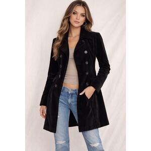 Vintage Mossimo Black Velvet Double-Breasted Y2K Trench Coat – Size S